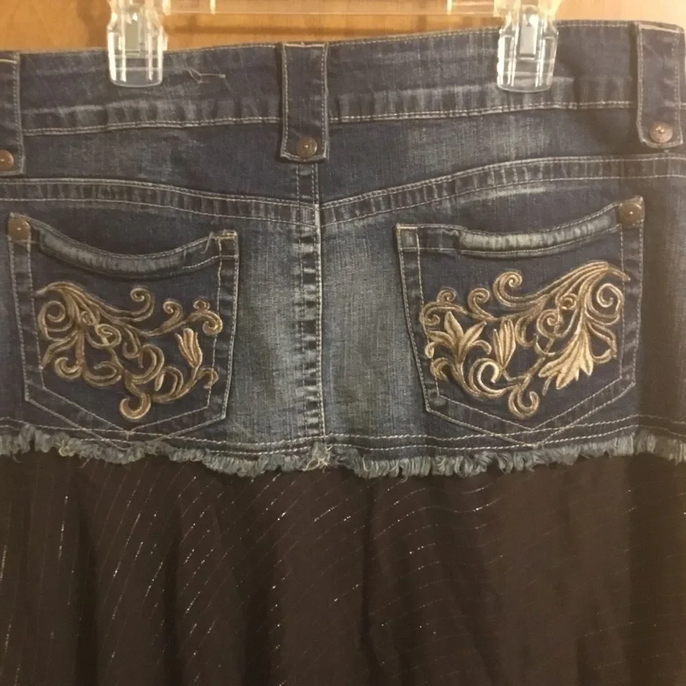 Candies 2000s Denim and Dark Wash Brown Striped Ruffle Y2K Tier Midi Skirt 11